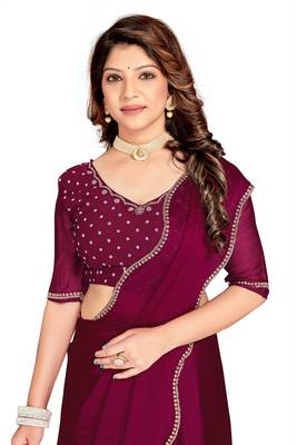 Wine color hand work zircon border satin chiffon silk blend saree with blouse 4