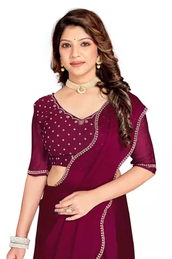 Wine color hand work zircon border satin chiffon silk blend saree with blouse