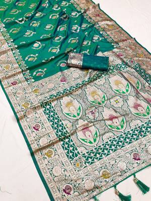Sea green soft Art silk saree with zari weaving meenakari design 1