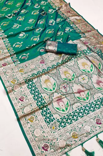 Sea green soft Art silk saree with zari weaving meenakari design