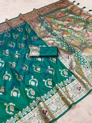 Sea green soft Art silk saree with zari weaving meenakari design 2
