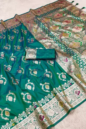 Sea green soft Art silk saree with zari weaving meenakari design