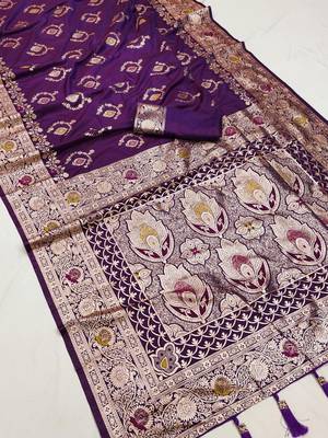 Purple soft Art silk saree with zari weaving meenakari design 1