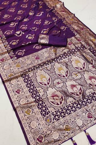 Purple soft Art silk saree with zari weaving meenakari design