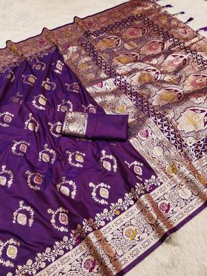 Purple soft Art silk saree with zari weaving meenakari design 2
