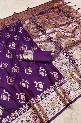 Purple soft Art silk saree with zari weaving meenakari design