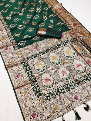 Green soft Art silk saree with zari weaving meenakari design 1