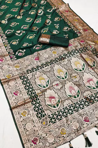 Green soft Art silk saree with zari weaving meenakari design