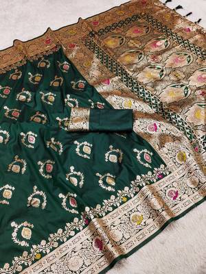 Green soft Art silk saree with zari weaving meenakari design 2