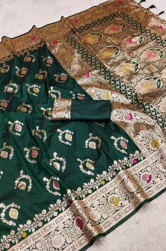 Green soft Art silk saree with zari weaving meenakari design