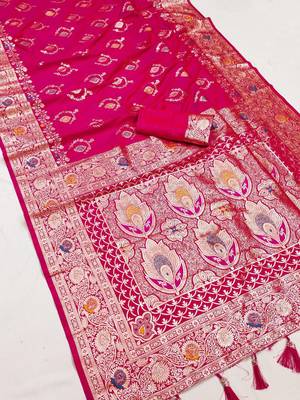 Pink soft Art silk saree with zari weaving meenakari design 1