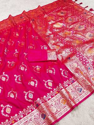 Pink soft Art silk saree with zari weaving meenakari design 2