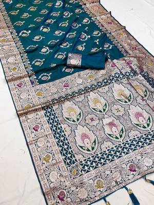 Teal soft Art silk saree with zari weaving meenakari design 1