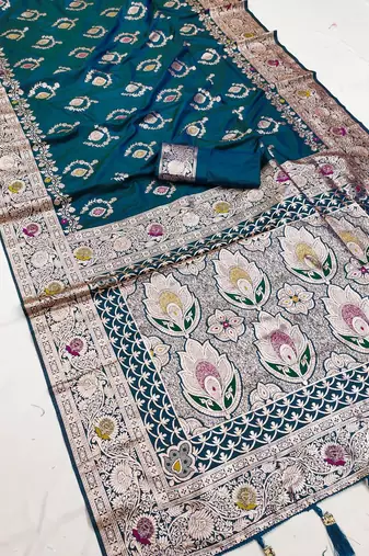 Teal soft Art silk saree with zari weaving meenakari design