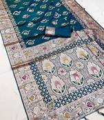 Teal soft Art silk saree with zari weaving meenakari design
