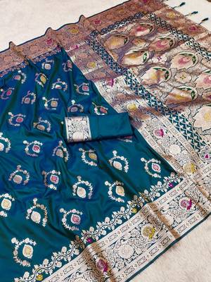 Teal soft Art silk saree with zari weaving meenakari design 2
