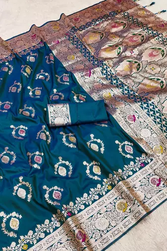 Teal soft Art silk saree with zari weaving meenakari design