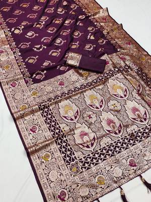 Wine soft Art silk saree with zari weaving meenakari design 1