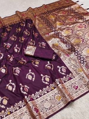 Wine soft Art silk saree with zari weaving meenakari design 2