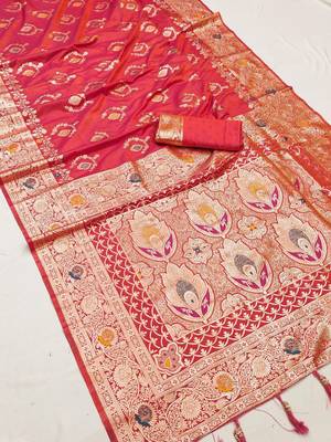 Pink soft Art silk saree with zari weaving meenakari design 1