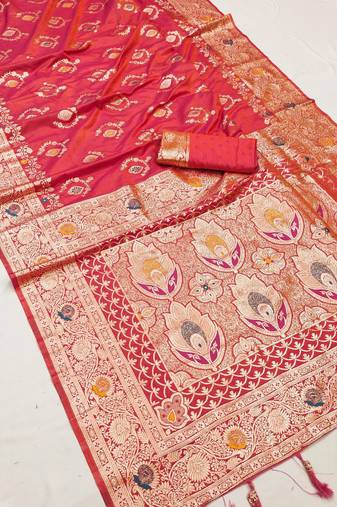 Pink soft Art silk saree with zari weaving meenakari design
