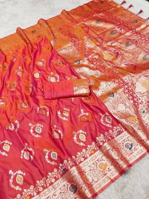 Pink soft Art silk saree with zari weaving meenakari design 2