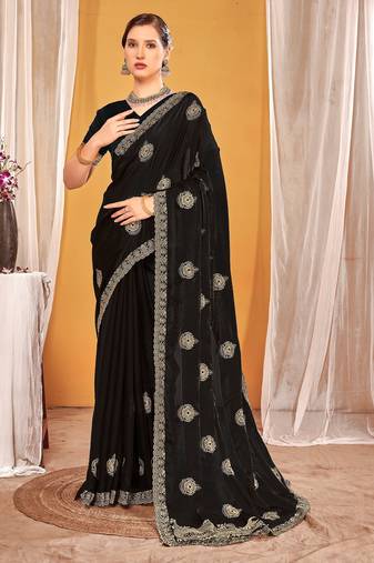 Black color zari embroidered fendy silk two tone saree with blouse