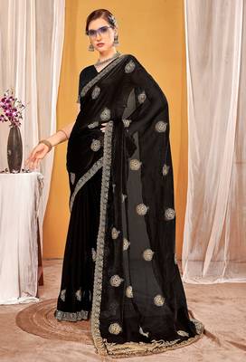 Black zari embroidered fendy silk blend two tone saree with blouse 3