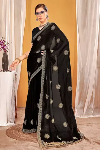 Black color zari embroidered fendy silk blend two tone saree with blouse