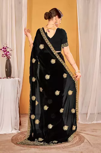 Black color zari embroidered fendy silk blend two tone saree with blouse