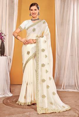 White color zari embroidered fendy silk blend two tone saree with blouse 1