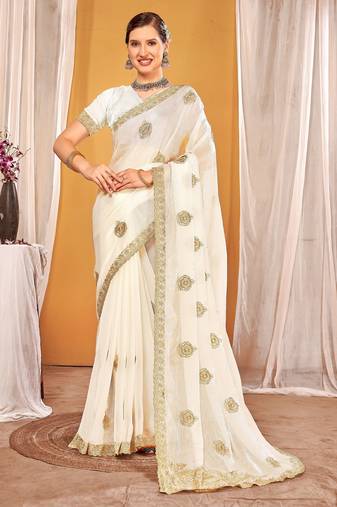 White color zari embroidered fendy silk two tone saree with blouse