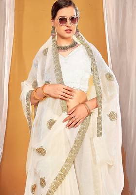 White color zari embroidered fendy silk blend two tone saree with blouse 2