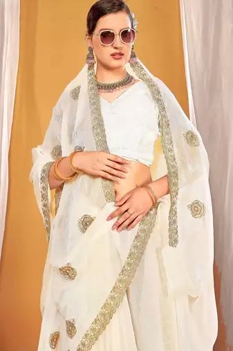 White color zari embroidered fendy silk blend two tone saree with blouse