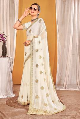 White color zari embroidered fendy silk blend two tone saree with blouse 3