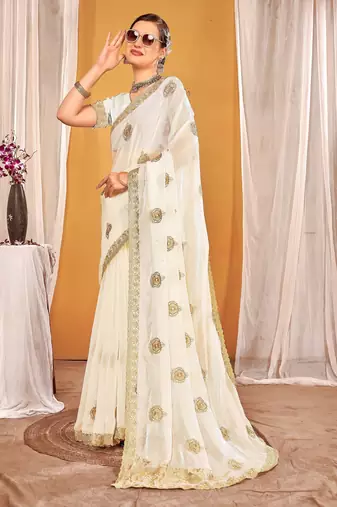 White color zari embroidered fendy silk blend two tone saree with blouse