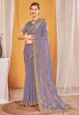 Levender color zari embroidered fendy silk blend two tone saree with blouse 1