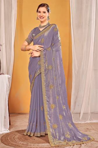 Levender color zari embroidered fendy silk two tone saree with blouse