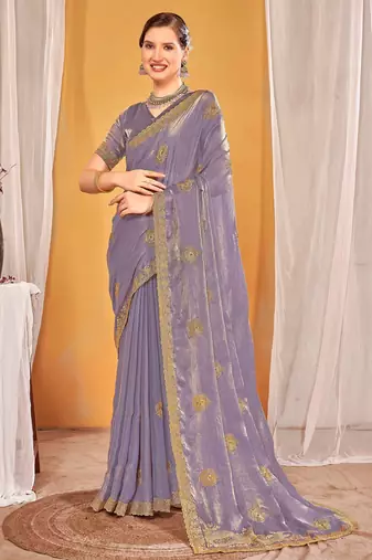Levender color zari embroidered fendy silk two tone saree with blouse