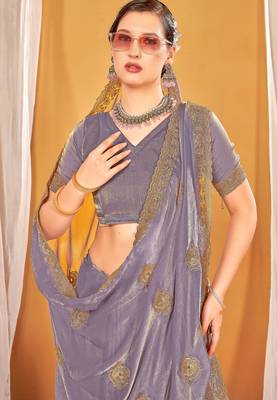Levender color zari embroidered fendy silk blend two tone saree with blouse 2