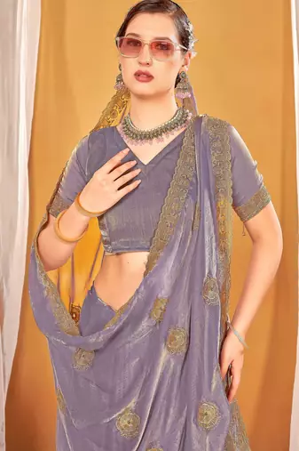 Levender color zari embroidered fendy silk blend two tone saree with blouse
