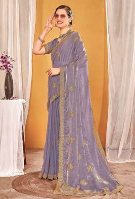 Levender color zari embroidered fendy silk blend two tone saree with blouse 3
