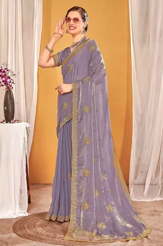 Levender color zari embroidered fendy silk blend two tone saree with blouse