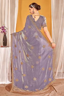 Levender color zari embroidered fendy silk blend two tone saree with blouse 4