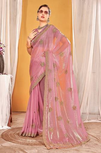 Pink color zari embroidered fendy silk two tone saree with blouse