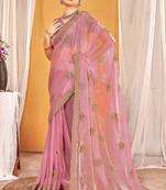 Pink color zari embroidered fendy silk two tone saree with blouse