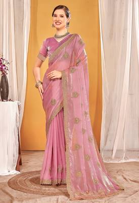 Pink color zari embroidered fendy silk blend two tone saree with blouse 2