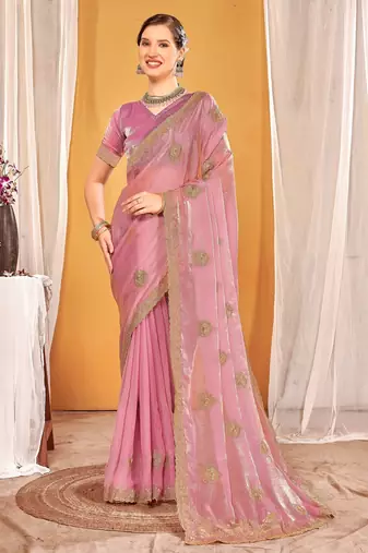 Pink color zari embroidered fendy silk blend two tone saree with blouse