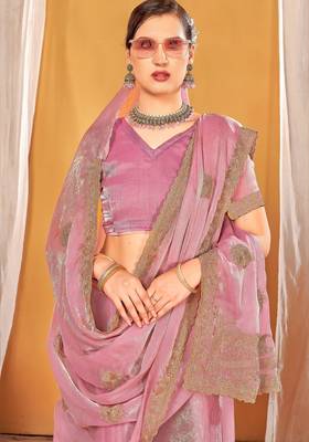 Pink color zari embroidered fendy silk blend two tone saree with blouse 3