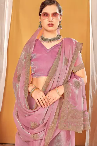Pink color zari embroidered fendy silk blend two tone saree with blouse